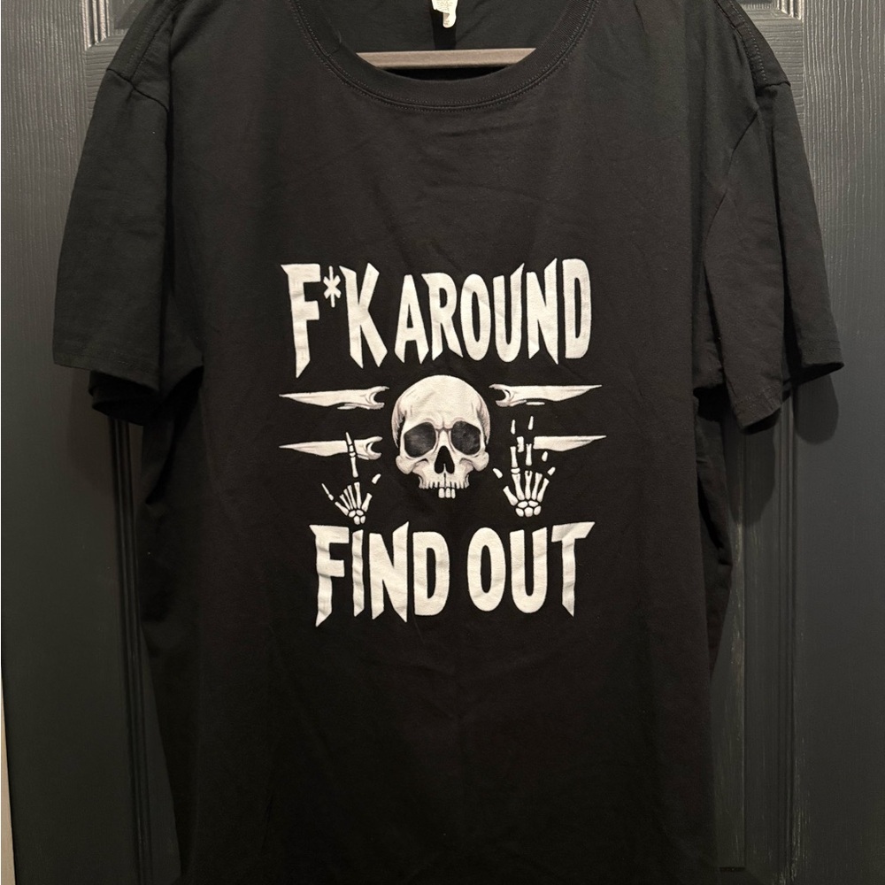 Black and White F*KAROUND FIND OUT Graphic T-Shirt with White Skull Design